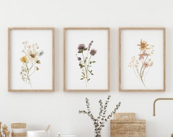 Printable Wall Art, Set of 3 Wildflower Prints, Flower Line Art, Floral Instant Art, Botanical Kitchen Decor, Bedroom Poster, Digital Prints