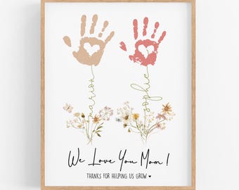 Custom Handprint Flower Bouquet, Mother&#39;s Day Craft, Personalized Kids - Toodler Names Art Print, Birthday Gift For Mom, Grandma, Digital