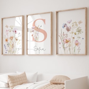 Custom Wildflowers Prints, Floral Nursery Wall Art, Boho Baby Girl Nursery Decor, Watercolor Flowers, Personalised Name - Initial, Digital