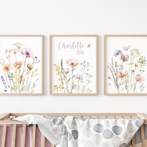 Floral Nursery Wall Art, Custom Wildflowers Prints Set Of 3, Boho Baby Girl Nursery Decor, Watercolor Flowers, Personalised Name, Digital