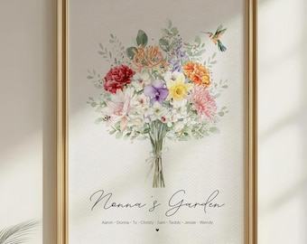 May include: Framed floral art print featuring a watercolor bouquet of colorful flowers, including red, pink, orange, and purple blooms. A hummingbird hovers nearby. The text "Nonna's Garden" is written in cursive, with names below.