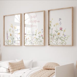 Custom Wildflowers Prints, Floral Nursery Wall Art, Boho Baby Girl Nursery Decor, Watercolor Flowers, Personalised Name, Baby Shower Gift