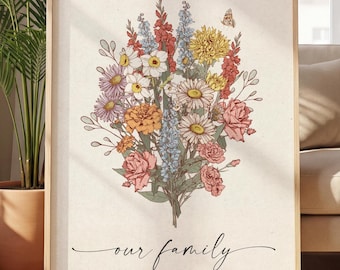 Birth Flowers Family Bouquet Print, Mothers Day Gift for Grandma, Birth Month Flower Art, Custom Birthday Gift For Mom, Personalized Digital