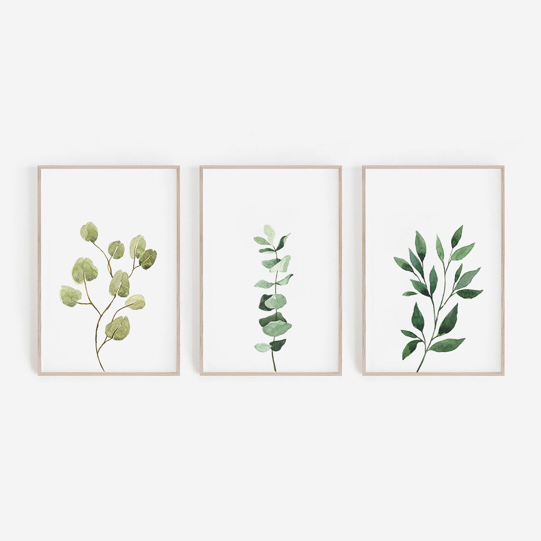 Printable Wall Art, Set of 3 Eucalyptus Prints, Watercolor Leaves