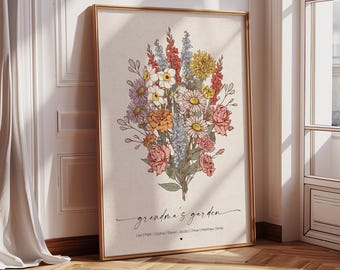 Birth Flowers Family Bouquet Print, Fathers Day Gift For Dad, Personalized Birth Month Flower Art, Custom Birthday Gift, Printable Wall Art