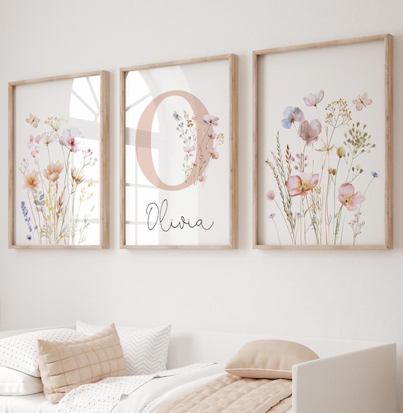 Floral Nursery Wall Art, Custom Wildflowers Prints, Boho Baby Girl Nursery Decor, Watercolor Flowers, Personalised Name - Initial, Digital