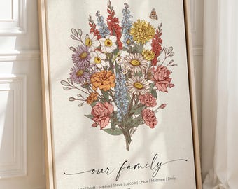 Birth Flowers Family Bouquet Print, Mothers Day Gift for Grandma, Birth Month Flower Art, Custom Birthday Gift For Mom, Personalized Digital