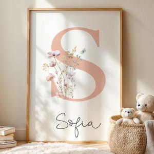 Floral Initial Print, Custom Wildflower Nursery Wall Art, Boho Watercolor Flower, Baby Girl Nursery Decor, Personalized Newborn Name Sign
