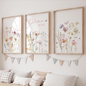 Custom Wildflowers Prints Set Of 3, Floral Nursery Wall Art, Boho Baby Girl Nursery Decor, Watercolor Flowers, Personalised Name, Digital