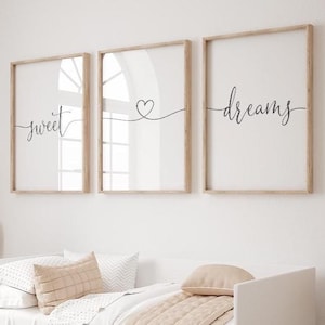 Druckbare Wandkunst, 3er-Set Drucke, süße Träume, Schlafzimmerdekor, Zitat Poster, moderne Typografie Print, Über dem Bett Kunst, digitaler Download