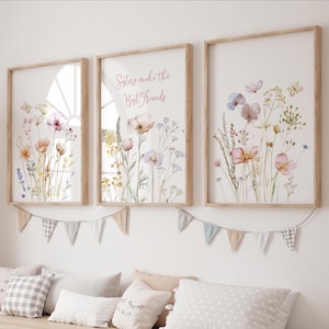 Floral Nursery Wall Art, Custom Wildflowers Prints Set Of 3, Boho Baby Girl Nursery Decor, Watercolor Flowers, Personalised Name, Digital