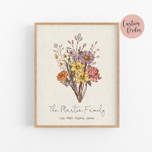 Bouquet de famille fleurs de naissance, cadeau pour maman, fête des mères, art floral pour le mois de naissance, cadeau d'anniversaire personnalisé grand-mère, cadeau personnalisé, numérique