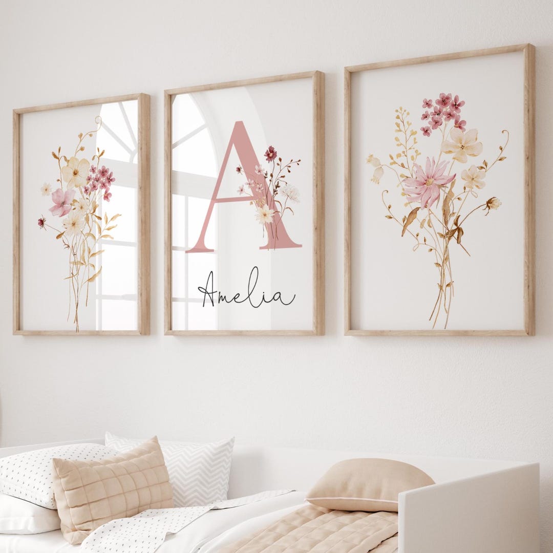 Floral Name Initial Nursery Art, Watercolor Wildflower Print (digital ...