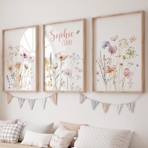 Floral Nursery Wall Art, Custom Wildflowers Prints Set Of 3, Boho Baby Girl Nursery Decor, Watercolor Flowers, Personalised Name, Digital
