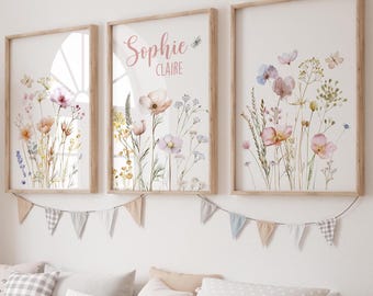 Aquarel wilde bloemen kinderkamerprints, aangepaste naam, set van 3 (digitale download)