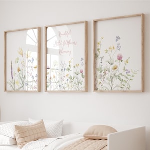 Floral Nursery Wall Art, Wildflowers Nursery Decor Prints, Boho Baby Girl, Custom Watercolor Flowers, Personalised Name, Baby Shower Gift