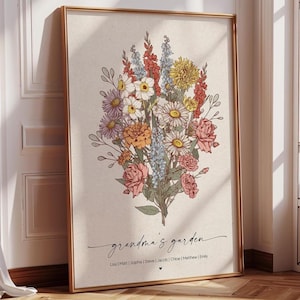 Grandma's Garden Birth Flowers Family Bouquet Print, Christmas Gift for Mother, Birth Month Flower Art, Custom Birthday Mom Gift, Digital