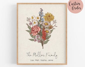Birth Flower Bouquet Print, Personalized Family Gift (Digital Download)