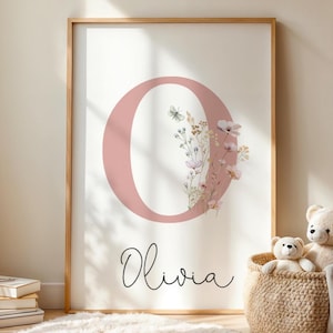 Custom Floral Initial Print, Wildflower Nursery Wall Art, Boho Watercolor Flower, Baby Girl Nursery Decor, Personalized Newborn Name Sign