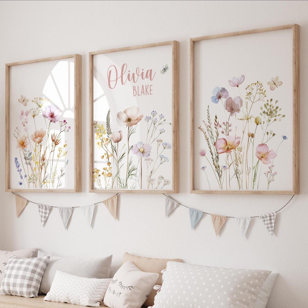 Custom Wildflower Nursery Prints, Personalized Baby Name Art (digital ...
