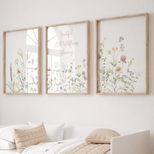 Floral Nursery Wall Art, Wildflowers Nursery Decor Prints, Boho Baby Girl, Custom Watercolor Flowers, Personalised Name, Baby Shower Gift