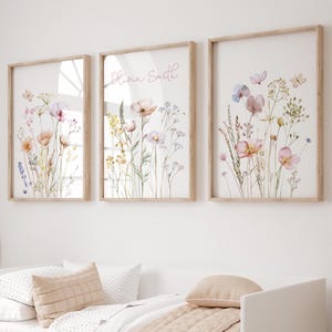 Custom Wildflowers Prints Set Of 3, Floral Nursery Wall Art, Boho Baby Girl Nursery Decor, Watercolor Flowers, Personalised Name, Digital