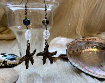 Boucles d’oreilles en bronze antique et bleu foncé en étoile de mer