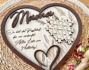 Personalisiertes Mama Geschenk aus Holz zum Muttertag – Puzzle Herz mit Namen, liebevolles Geschenk von Kindern