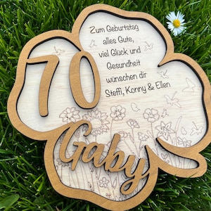 Geburtstag Kleeblatt mit Wunschgravur und beliebiger Altersangabe Holz/Geschenk mit Namen 40. 45. 50. 55. 60. 65. 70. 75. 80. 90. Geburtstag