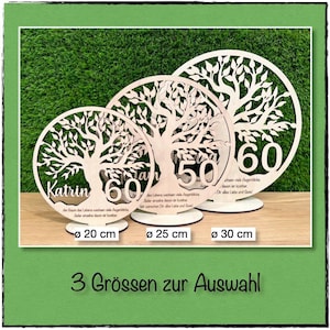 May include: Three wooden tree-shaped decorations with intricate cut-out designs. Each features a number (50 or 60) and a name, with sizes of 20 cm, 25 cm, and 30 cm. The decorations are on white bases, set against a green background.
