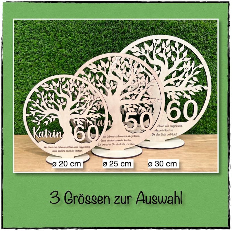 May include: Three wooden tree-shaped decorations with intricate cut-out designs. Each features a number (50 or 60) and a name, with sizes of 20 cm, 25 cm, and 30 cm. The decorations are on white bases, set against a green background.