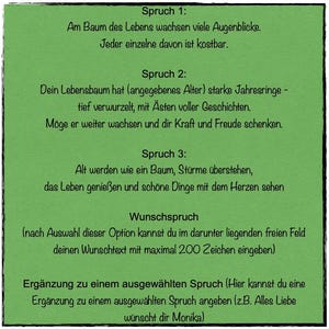 May include: A green card with German text. The card features three quotes about life, a section for a custom message, and a space for an additional message. The text is in black.