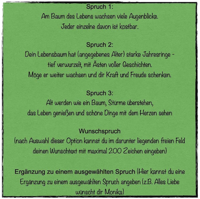 May include: A green card with German text. The card features three quotes about life, a section for a custom message, and a space for an additional message. The text is in black.