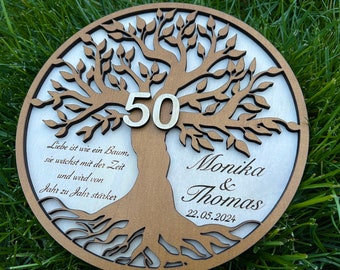 Wedding anniversary tree gift desired text wood personalized names bride and groom tree of life date saying engraving gold wedding silver wedding