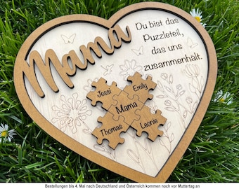 Personalisiertes Muttertagsgeschenk für Mama - Holzherz mit Puzzle und Namen der Familie