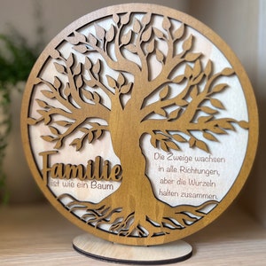 Könnte beinhalten: Runde Holzdekoration mit einem Baum-Design. Der Baum ist in einem Kreis ausgeschnitten und mit dem Text "Familie ist wie ein Baum" versehen. Der Baum steht auf einem Holzsockel. Der Hintergrund ist hell.