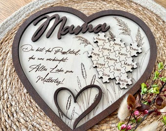 Personalisiertes Mama Geschenk aus Holz zum Muttertag – Puzzle Herz mit Namen, liebevolles Geschenk von Kindern