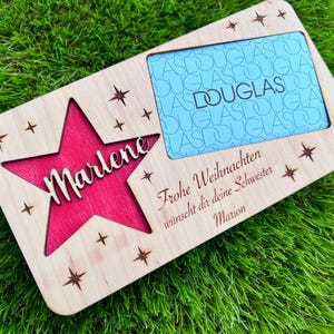 Weihnachtskarte aus Holz für Gutscheinkarte Geschenk Weihnachten Weihnachtsgeschenk personalisiert Mama Papa Bruder Schwester... Wunschtext