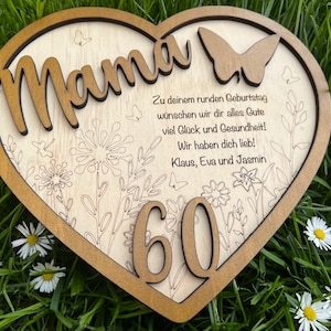 Geschenk runder Geburtstag Herz aus Holz mit Name und Alter und Wunschgravur Geburtstagsgeschenk Mama, Papa, Oma usw. personalisiert