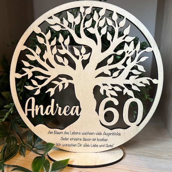 Lebensbaum personalisiert aus Holz – Geschenk zum Geburtstag mit Namen, Alter & Wunschtext – Deko zum runden Geburtstag personalisiert