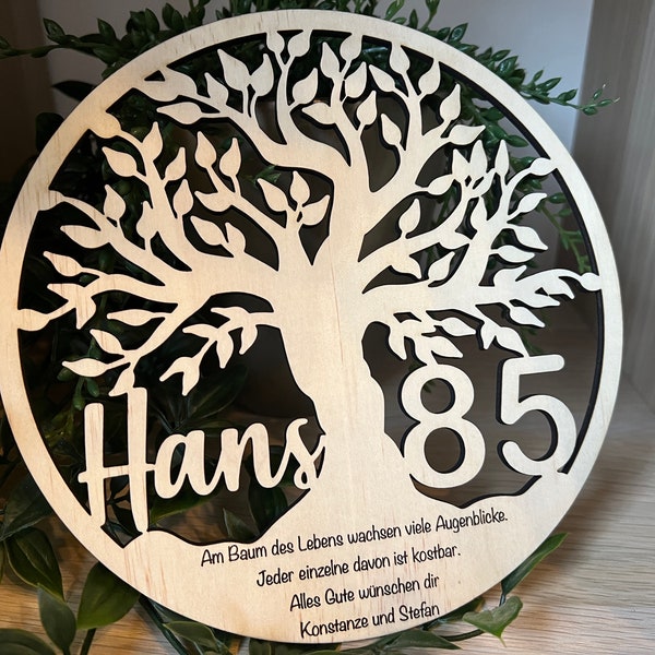 Geburtstag LEBENSBAUM mit Namen, Alter und Wunschtext personalisiert aus Holz mit oder ohne Standfuß Geschenk Baum des Lebens