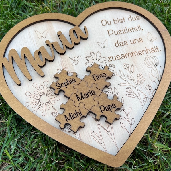 Geschenk Geburtstag Herz Puzzle 2 Varianten aus Holz mit Name und auf Wunsch mit Altersangabe personalisierte Puzzleteile