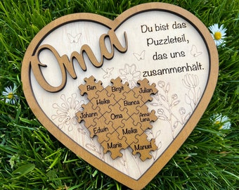 OMA Geschenk Geburtstag/Muttertag/Herz Puzzle aus Holz in 2 Varianten Muttertagsgeschenk personalisiert Großmutter Familie