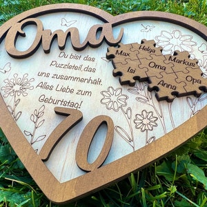 OMA Herz aus Holz zum Muttertag oder Geburtstag bis 13 Puzzle Teile personalisiert mit Namen Familienmitglieder / Großmutter /Muttertagsherz