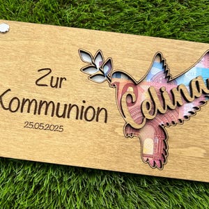 Geldgeschenk aus Holz / personalisiertes Geldgeschenk zur Kommunion /Kommuniongeschenk /Geschenk Paten Holzkarte als Geldgeschenk 20 x 11 cm