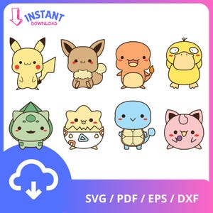 May include: Eight cartoon illustrations of Pokemon characters. The characters are Pikachu, Eevee, Charmander, Psyduck, Bulbasaur,  Squirtle, Jigglypuff, and  a  Pikachu in an egg. The characters are all in a cute, chibi style.