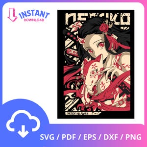 Puede incluir: Una ilustración digital de un personaje de anime femenino con cabello negro largo, vistiendo un atuendo rojo y blanco, sosteniendo una máscara roja y blanca. El fondo es negro con patrones geométricos blancos y rojos. El texto "Nezuko" y "Demon Slayer" es visible en la imagen.