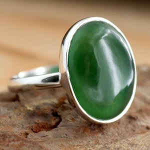 Nephrite Jade Ring, Oval Gemstone Ring, Green Jade Ring, Luck Ring, 925 Sterling Silver, Christmas Gift, Handmade Ring, Jadeite Ring Size #8