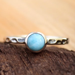 Larimar Ring, minimalist larimar, Genuine Round Larimar Ring, Sterling Silver Ring, Dominican Republic Larimar Jewelry, Hammered Design Ring