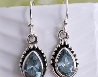 Pendientes de topacio azul en forma de lágrima, colgantes de plata de ley, hechos a mano, piedra preciosa azul claro